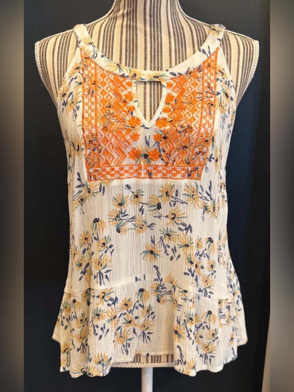 Skies Are Blue Sleeveless Floral Tank with Orange Embroidered Yoke